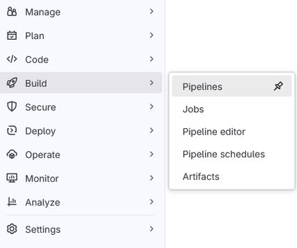 Pipelines menu on GitLab repo